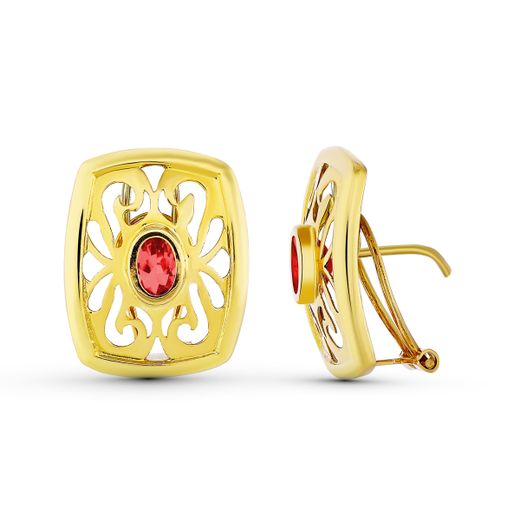 18K Pendientes Oro Amarillo Piedra Calados Cierre Omega