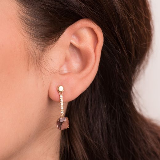 18K Pendientes Oro Amarillo Piedra Cuadrada Color Kuncita 28X8 Mm Cierre Presion