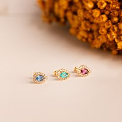 18K Pendientes Oro Amarillo Piedra Gota Amatista Y Circonitas. 8,5 X 6 Mm. Cierre Presion