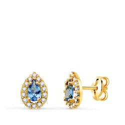 18K Pendientes Oro Amarillo Piedra Gota Azul Y Circonitas. 8,5 X 6 Mm. Cierre Presion