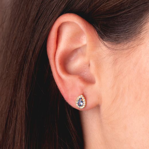 18K Pendientes Oro Amarillo Piedra Gota Azul Y Circonitas. 8,5 X 6 Mm. Cierre Presion