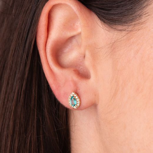18K Pendientes Oro Amarillo Piedra Gota Topacio Paraiba Y Circonitas. 8,5 X 6 Mm. Cierre Presion