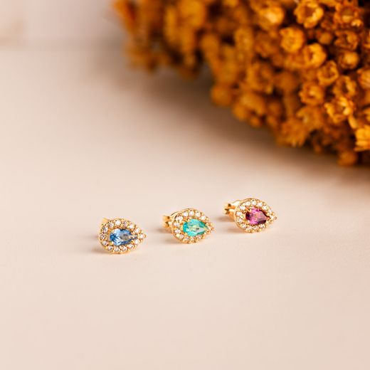 18K Pendientes Oro Amarillo Piedra Gota Topacio Paraiba Y Circonitas. 8,5 X 6 Mm. Cierre Presion