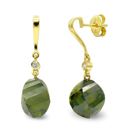 18K Pendientes Oro Amarillo Piedra Olivina 14 Mm Circonita Cierre Presion