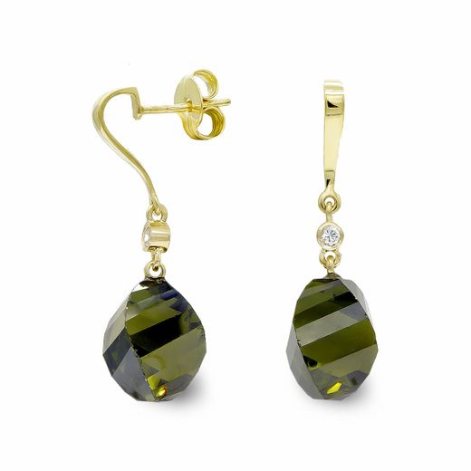 18K Pendientes Oro Amarillo Piedra Olivina 14 Mm Circonita Cierre Presion
