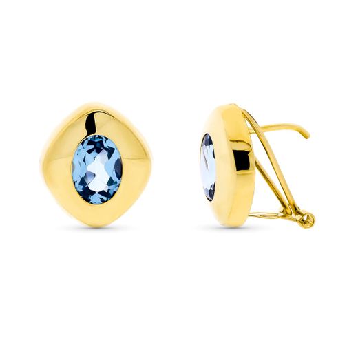 18K Pendientes Oro Amarillo Piedra Oval A Marina 8X6 Mm Cierre Omega