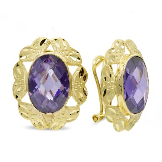 18K Pendientes Oro Amarillo Piedra Oval Amatista 14X10 Mm Cierre Omega
