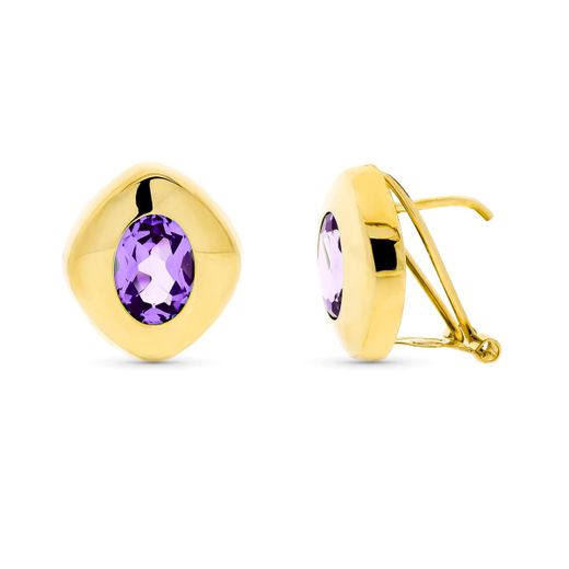 18K Pendientes Oro Amarillo Piedra Oval Amatista 8X6 Mm Cierre Omega