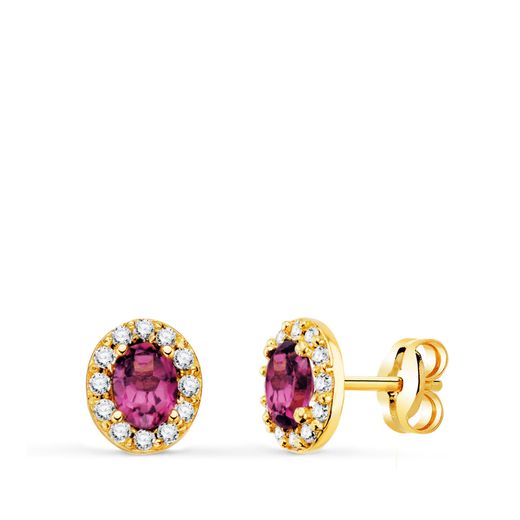 18K Pendientes Oro Amarillo Piedra Oval Amatista Y Circonitas. 6,5 X 5,5 Mm. Cierre Presion