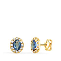18K Pendientes Oro Amarillo Piedra Oval Azul Y Circonitas. 6,5 X 5,5 Mm. Cierre Presion