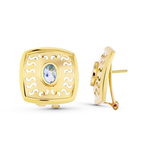 18K Pendientes Oro Amarillo Piedra Oval Calado Cierre Omega