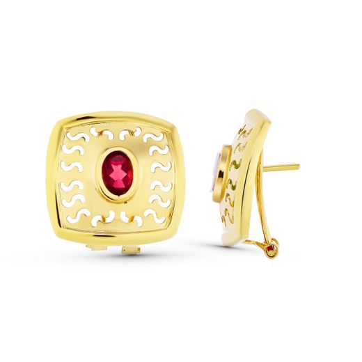 18K Pendientes Oro Amarillo Piedra Oval Calado Cierre Omega