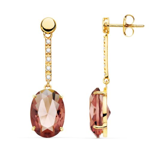 18K Pendientes Oro Amarillo Piedra Oval Color Alejandrita 35X10 Mm Cierre Presion