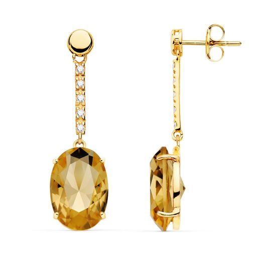18K Pendientes Oro Amarillo Piedra Oval Color Champagne. 35X10 Mm Cierre Presion