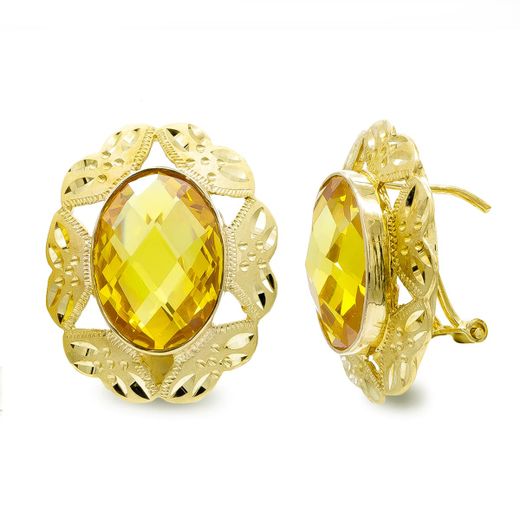 18K Pendientes Oro Amarillo Piedra Oval Topacio 14X10 Mm Cierre Omega