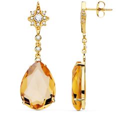 18K Pendientes Oro Amarillo Piedra Pera Color Champagne. 41 X 13 Mm Cierre Presion