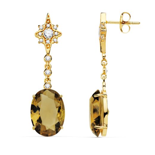 18K Pendientes Oro Amarillo Piedra Pera Color Fume. 37X10 Mm Cierre Presion