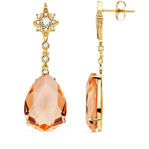 18K Pendientes Oro Amarillo Piedra Pera Color Kuncita 41X13 Mm Cierre Presion