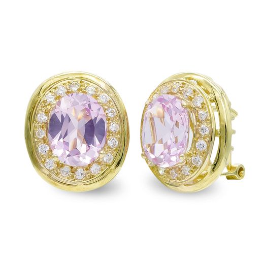 18K Pendientes Oro Amarillo Piedra Rosa 10X8 Mm Y Circonita Cierre Omega