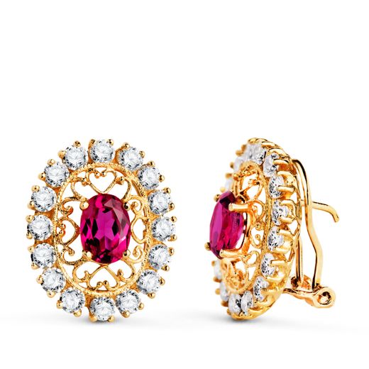 18K Pendientes Oro Amarillo Piedra Rosa 7X5 Mm Con Circonitas. Medida: 19X16 Mm. Cierre Omega