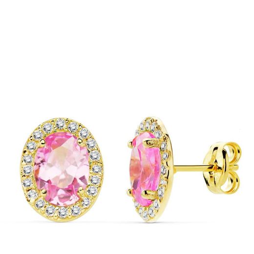 18K Pendientes Oro Amarillo Piedra Rosa Oval Circonita 10X8 Mm Cierre Presion