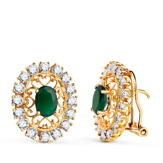 18K Pendientes Oro Amarillo Piedra Verde 7X5 Mm Con Circonitas. Medida: 19X16 Mm. Cierre Omega