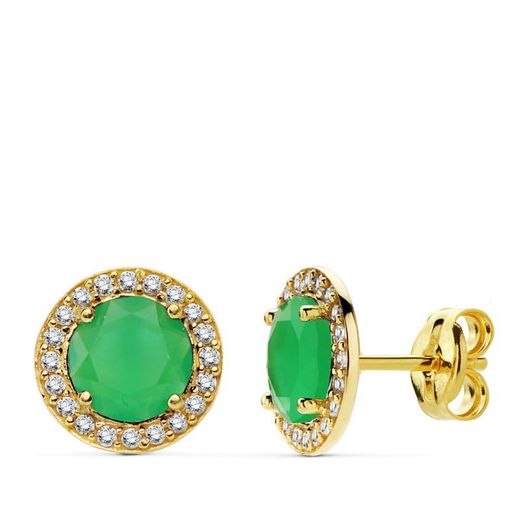 18K Pendientes Oro Amarillo Piedra Verde Circonita 9 Mm Cierre Presion