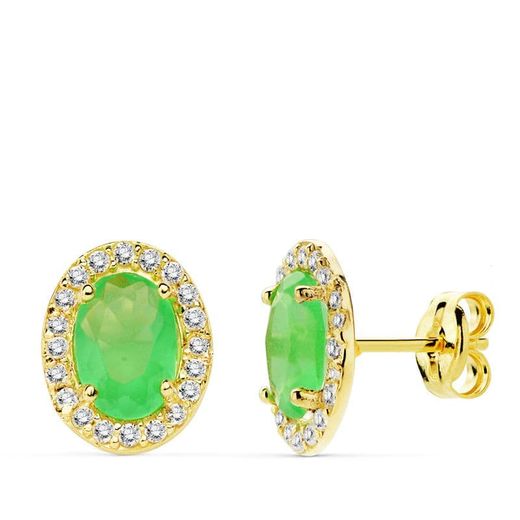 18K Pendientes Oro Amarillo Piedra Verde Oval Circonita 10X8M Cierre Presion