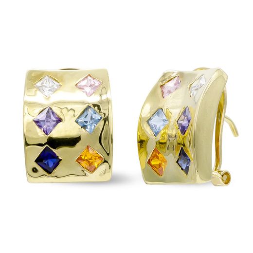 18K Pendientes Oro Amarillo Piedras Colores Cierre Omega