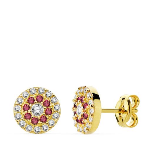 18K Pendientes Oro Amarillo Piedras Rojas 7 Mm Cierre Presion