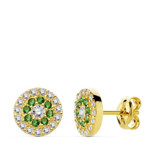 18K Pendientes Oro Amarillo Piedras Verdes 7 Mm Cierre Presion