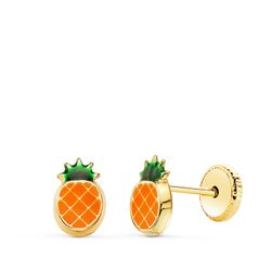 18K Pendientes Oro Amarillo Piña Esmalte Naranja 6,5 X 4 Mm. Cierre Tuerca