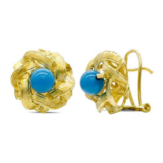 18K Pendientes Oro Amarillo Ramas Y Turquesa Cierre Omega