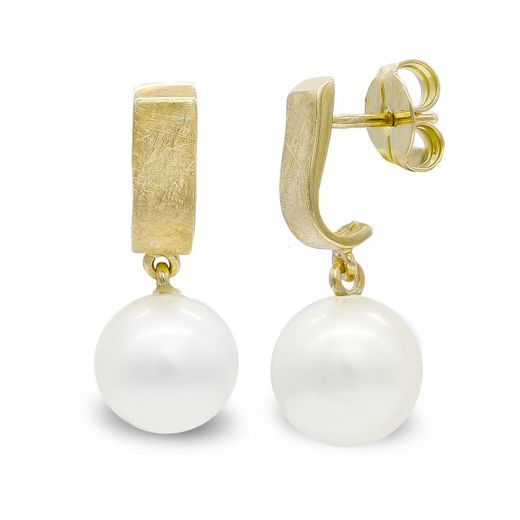 18K Pendientes Oro Amarillo Rayado Y Perla 10 Mm Cierre Presion