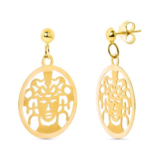 18K Pendientes Oro Amarillo Redondo Calado Medusa Cierre Presión