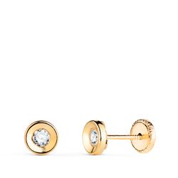18K Pendientes Oro Amarillo Redondo Concavo Con Circonita. Ancho: 5 Mm. Cierre Tuerca