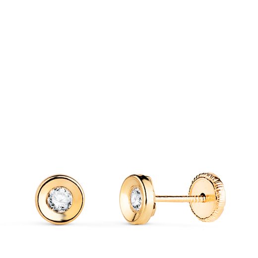 18K Pendientes Oro Amarillo Redondo Concavo Con Circonita. Ancho: 5 Mm. Cierre Tuerca