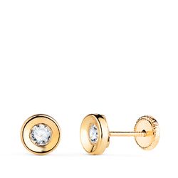 18K Pendientes Oro Amarillo Redondo Concavo Con Circonita. Ancho: 5,5 Mm. Cierre Tuerca