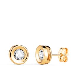 18K Pendientes Oro Amarillo Redondo Concavo Con Circonita. Ancho: 7 Mm. Cierre Presion
