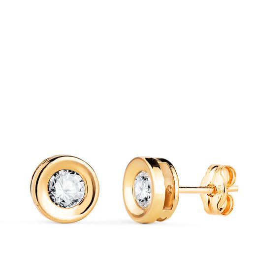 18K Pendientes Oro Amarillo Redondo Concavo Con Circonita. Ancho: 7 Mm. Cierre Presion