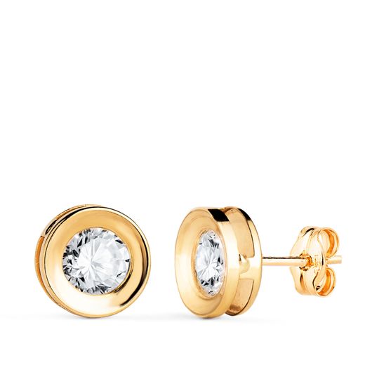 18K Pendientes Oro Amarillo Redondo Concavo Con Circonita. Ancho: 8 Mm. Cierre Presion