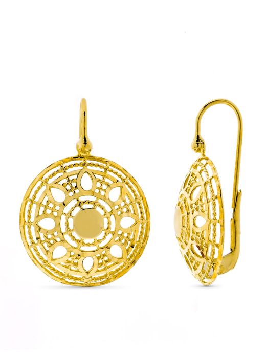 18K Pendientes Oro Amarillo Redondos Calados Cierre Gancho
