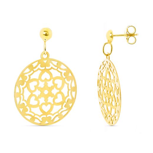 18K Pendientes Oro Amarillo Redondos Calados Flor Cierre Presion