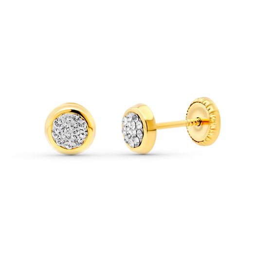 18K Pendientes Oro Amarillo Redondos Circonita 5 Mm. Cierre Tuerca
