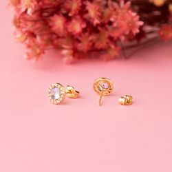 18K Pendientes Oro Amarillo Redondos Circonita Y Agua Marina 6,5 Mm. Cierre Presion