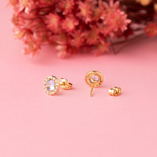 18K Pendientes Oro Amarillo Redondos Circonita Y Agua Marina 6,5 Mm. Cierre Presion