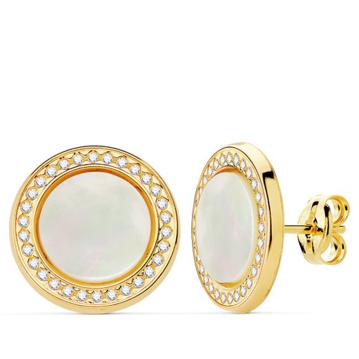 18K Pendientes Oro Amarillo Redondos Circonita Y Nacar 12.5 Mm Cierre Presion