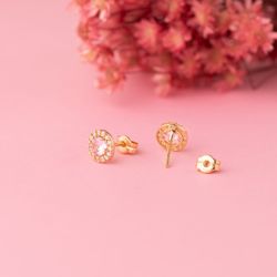 18K Pendientes Oro Amarillo Redondos Circonita Y Piedra Rosa 6,5 Mm. Cierre Presion