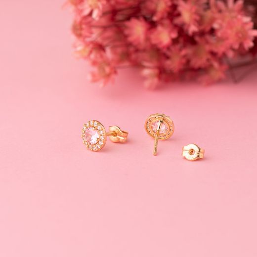 18K Pendientes Oro Amarillo Redondos Circonita Y Piedra Rosa 6,5 Mm. Cierre Presion