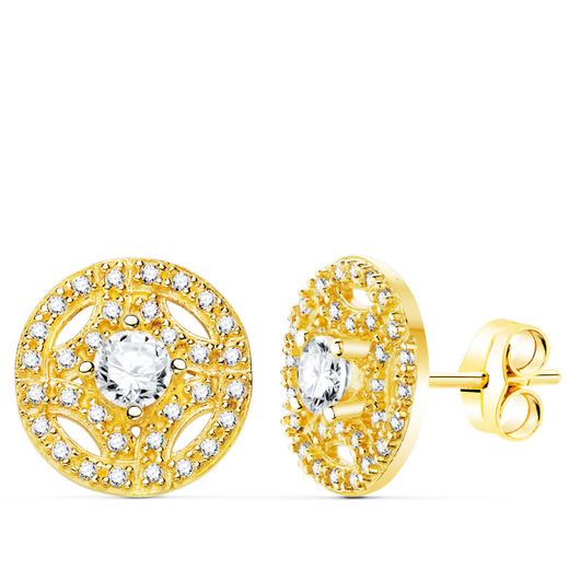18K Pendientes Oro Amarillo Redondos Con Circonita 12 Mm Cierre Presion.